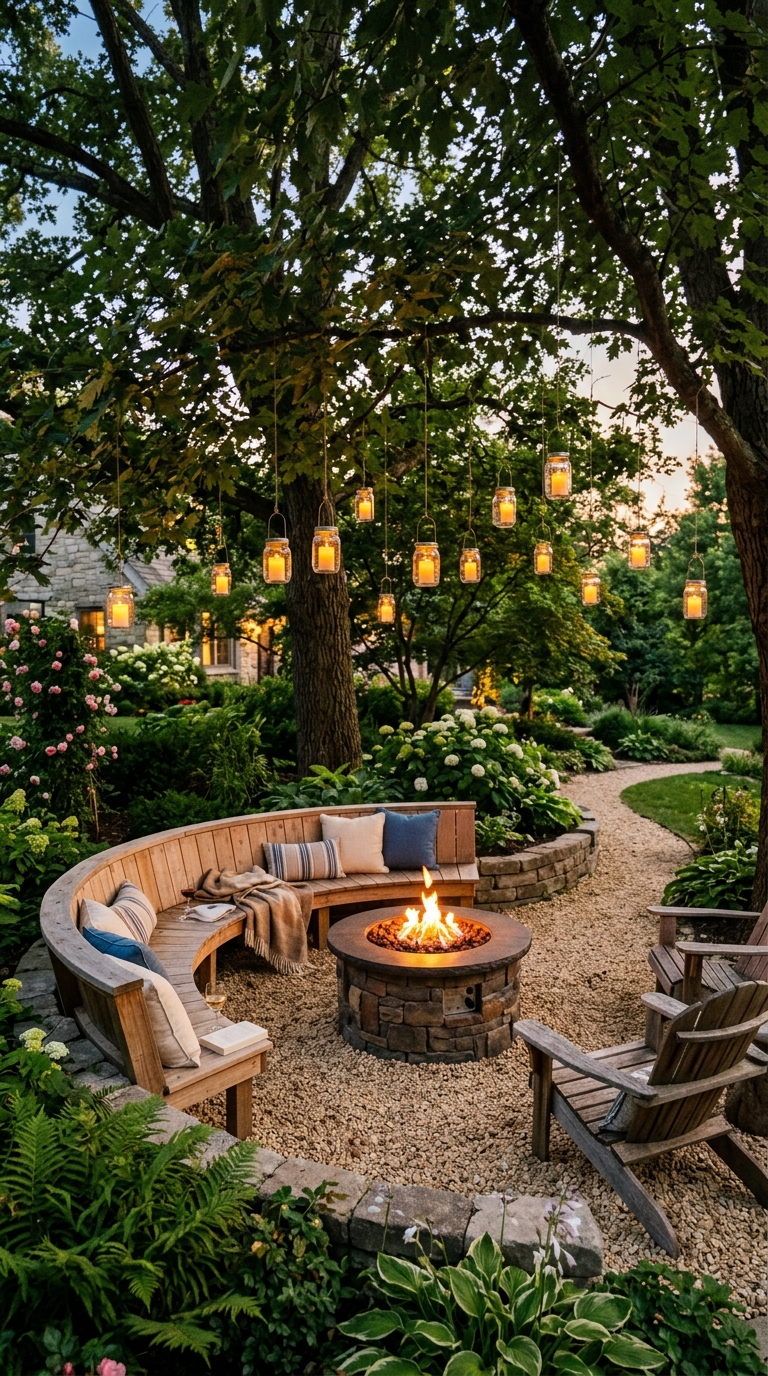 Gravel fire pit nook under mature trees with mason jar lanterns and curved seating in a beautiful backyard