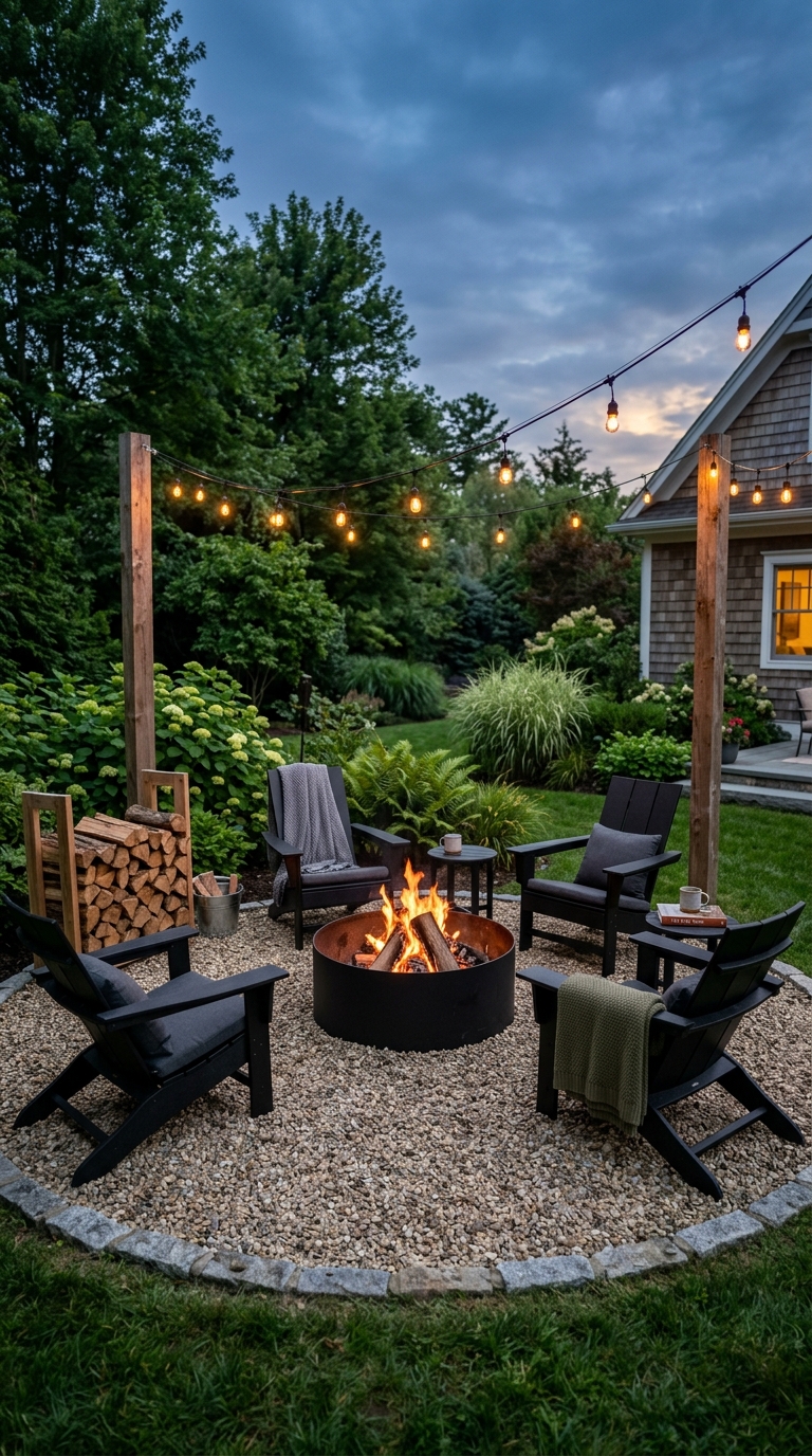 Modern gravel patio with a round fire pit and Adirondack chairs