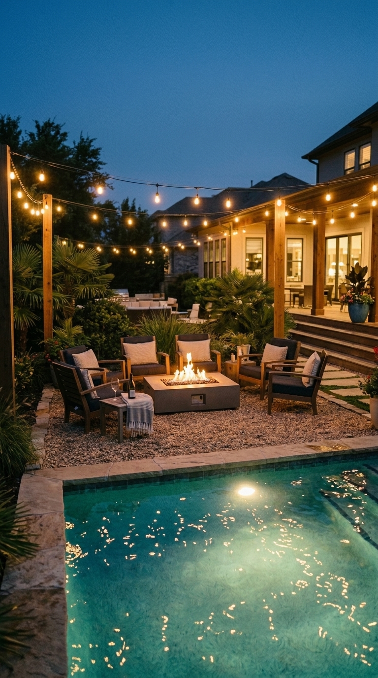 Gravel fire pit zone next to a backyard pool with gas flames and string lights in an evening entertaining setup