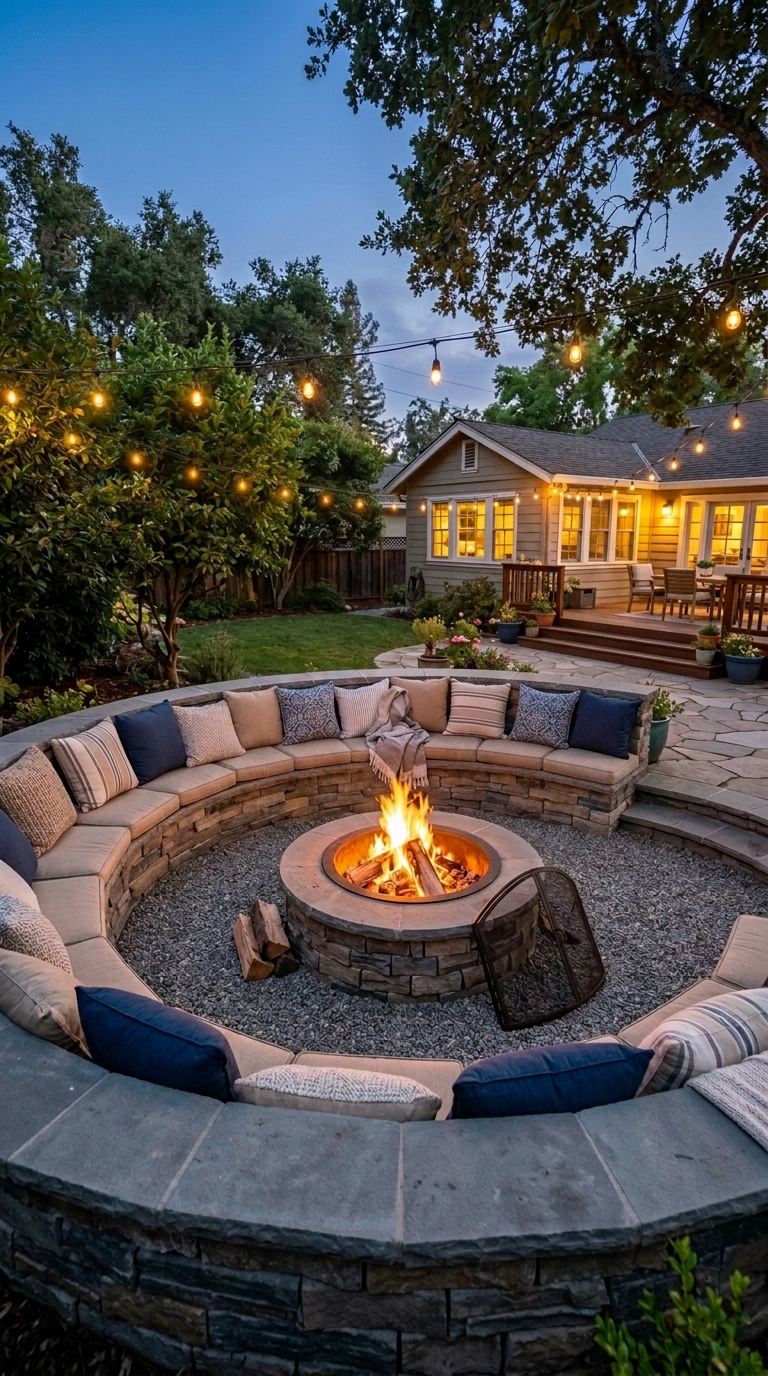 Gravel fire pit with raised paver seating walls and outdoor cushions in a beautiful backyard