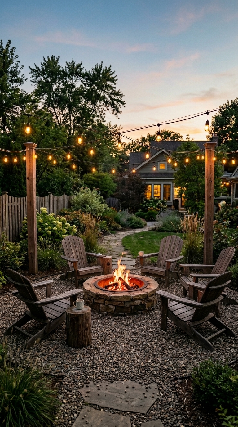 Backyard gravel-scaped fire pit zone with string lights and Adirondack chairs at evening