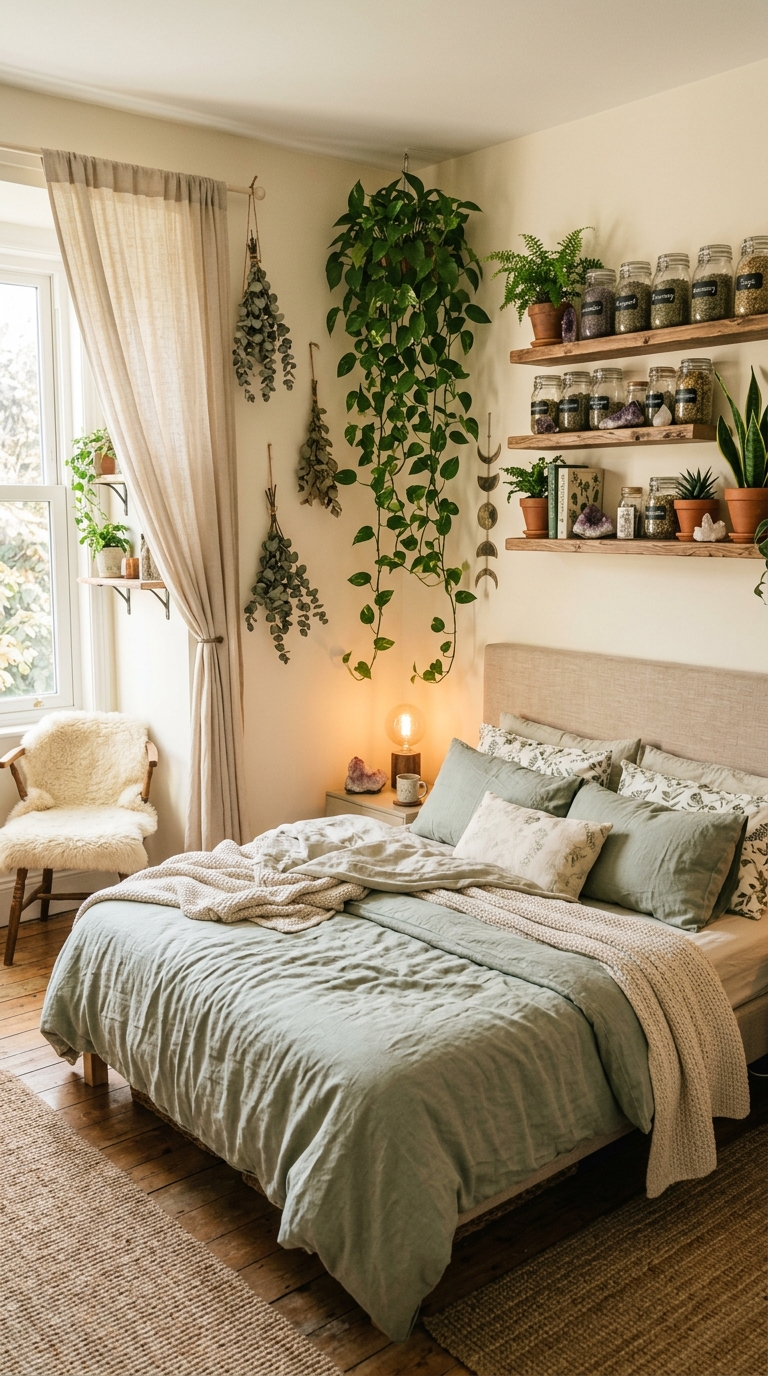 Green witch herbalist bedroom with floating herb shelves, trailing pothos plant above headboard, and warm Edison bulb lighting in sage and cream tones