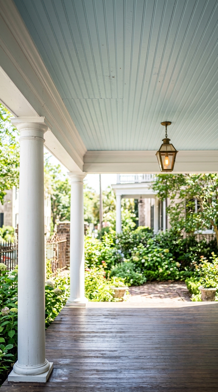 Pale haint blue beadboard porch ceiling with white columns on a classic Southern vintage front porch
