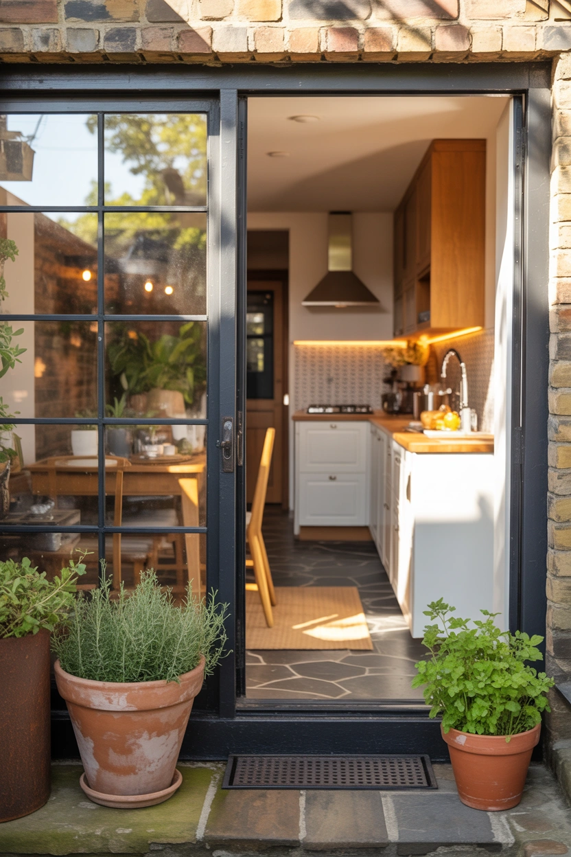 Terracotta herb pots framing a small kitchen patio door threshold inside and outside