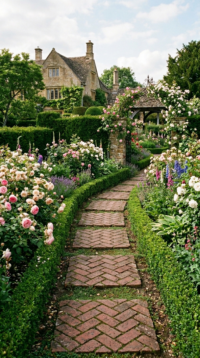 Herringbone brick stepping stone garden path with rose bush borders in classic garden style