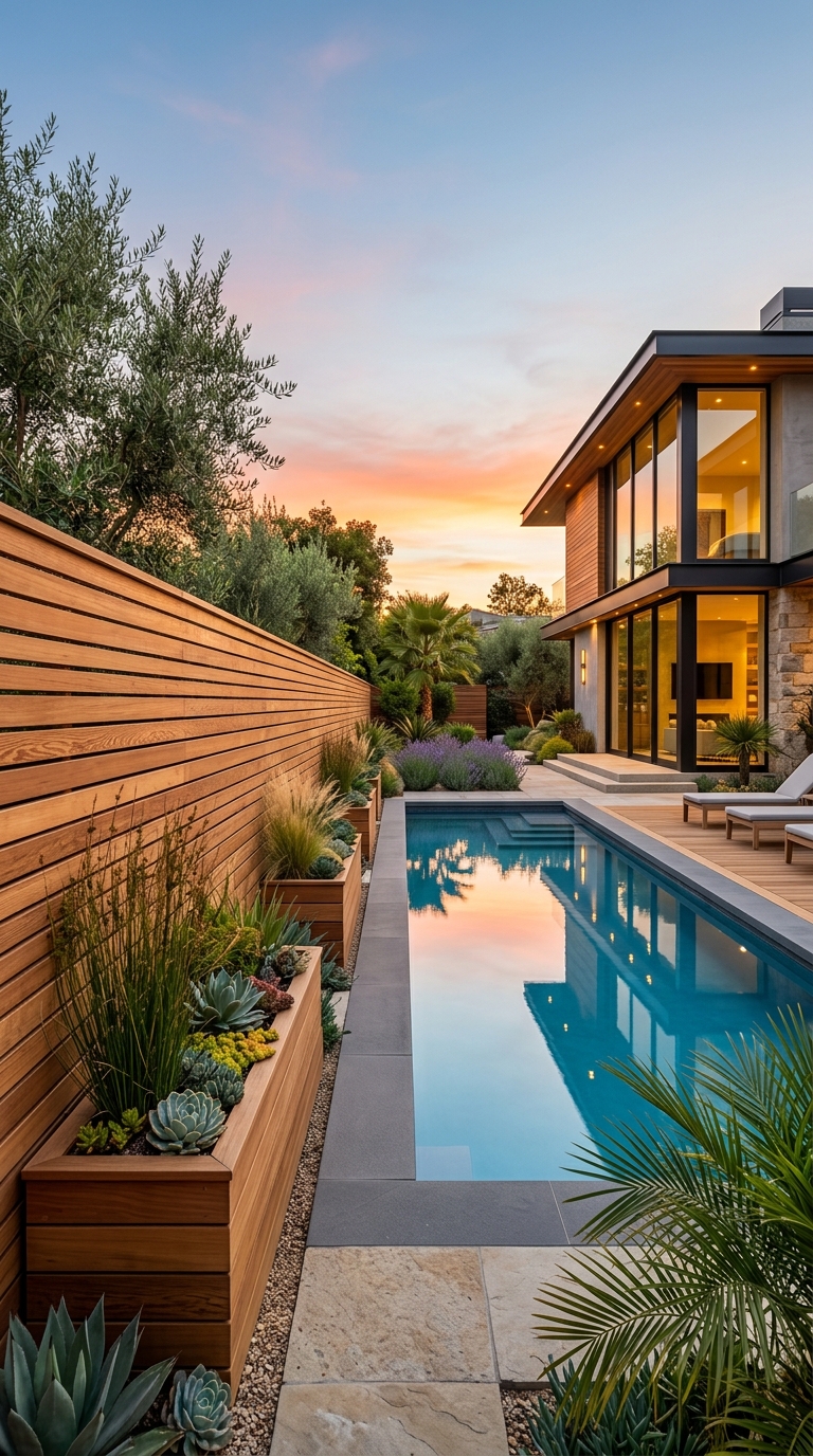 Horizontal cedar slat pool fence with built-in planter boxes.