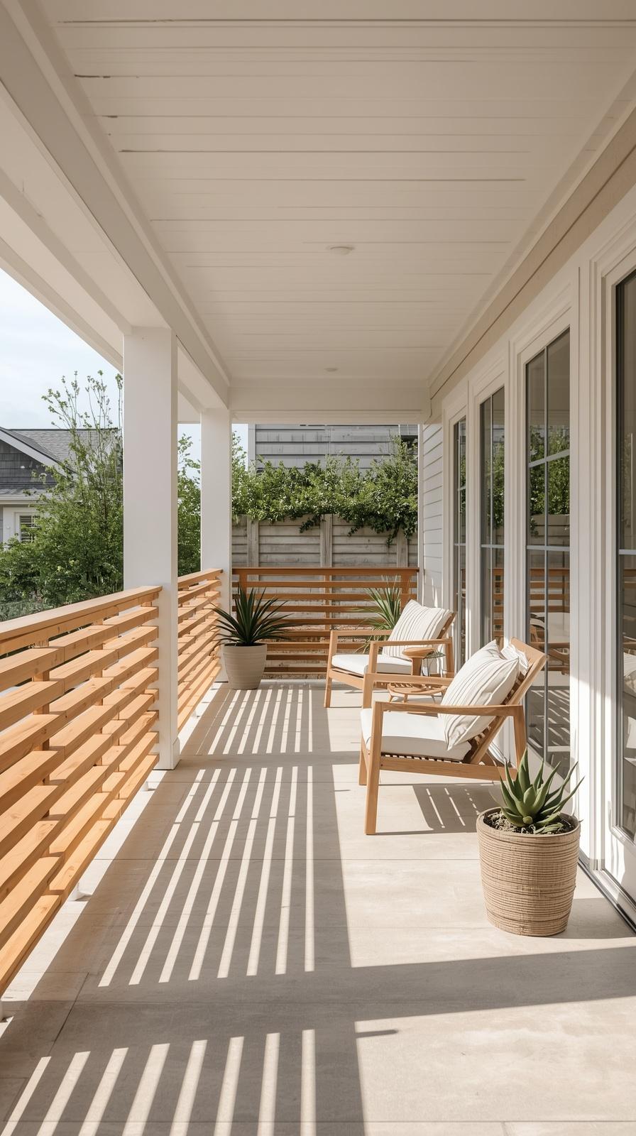 Horizontal wood slat porch railing in warm honey stain with minimalist outdoor decor