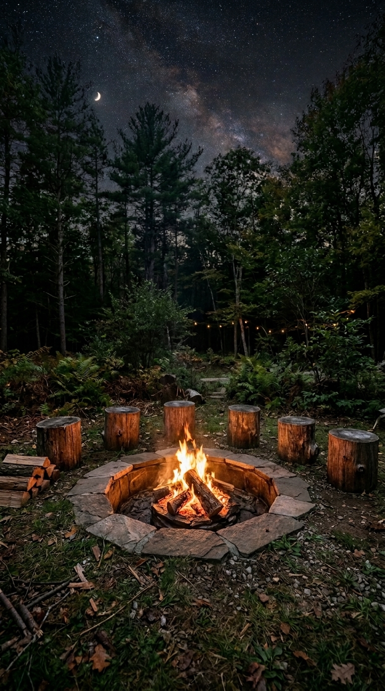 DIY in-ground campfire pit with flat stone edge and log seating in a natural backyard