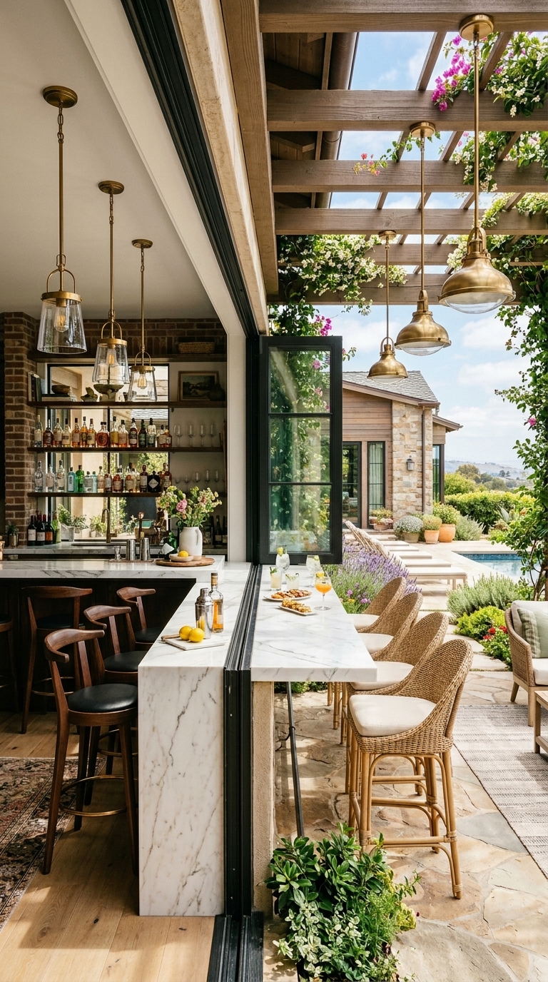 Indoor-outdoor backyard bar with open accordion glass doors, continuous marble countertop, and pendant lighting flowing from interior to patio entertaining space