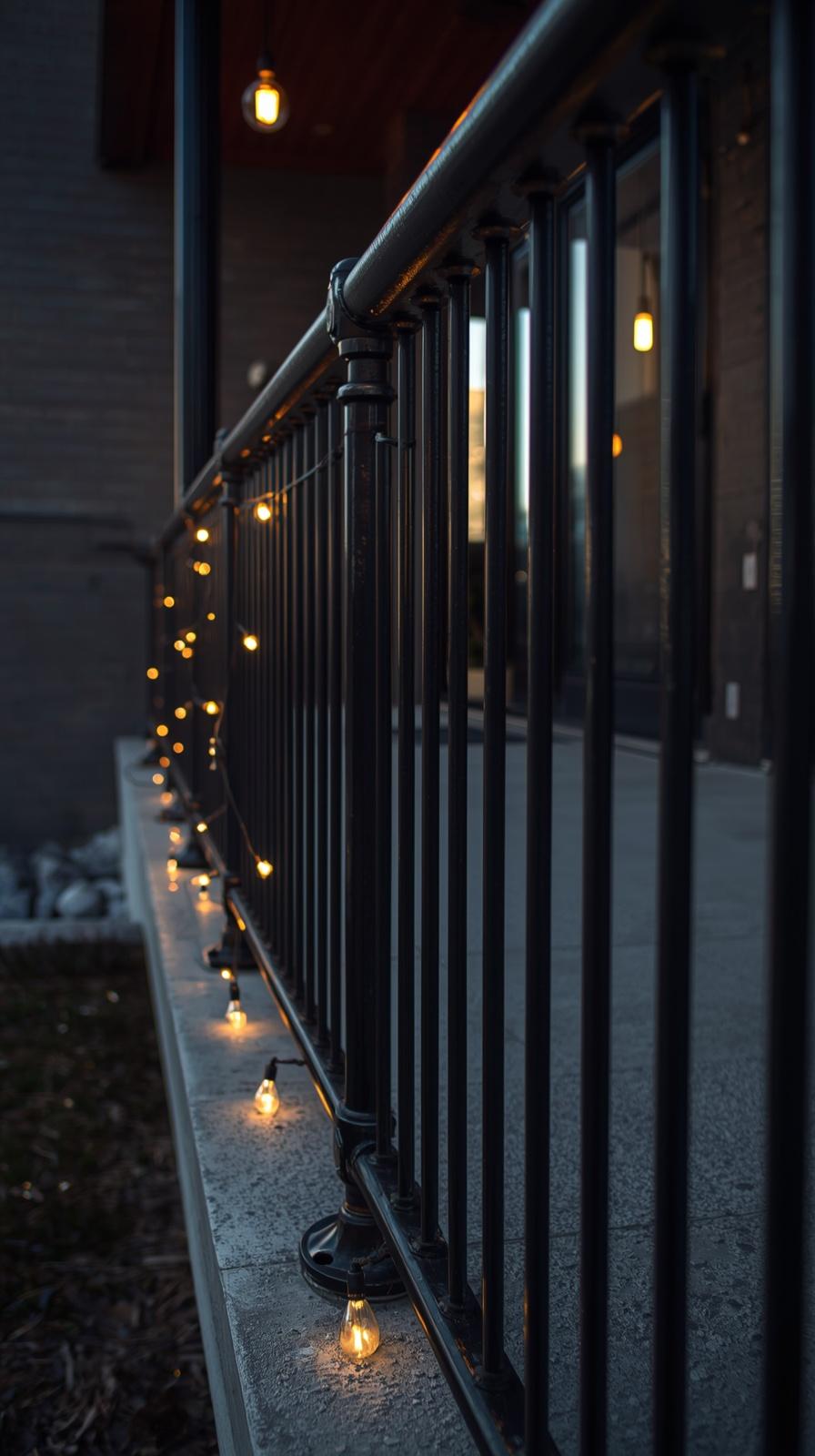 DIY black iron pipe porch railing on a modern urban home with industrial aesthetic