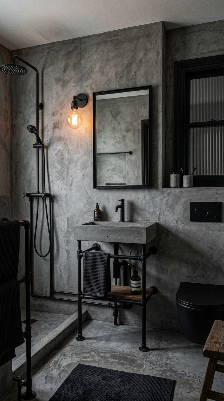 Industrial moody bathroom with concrete walls and matte black pipe fixtures