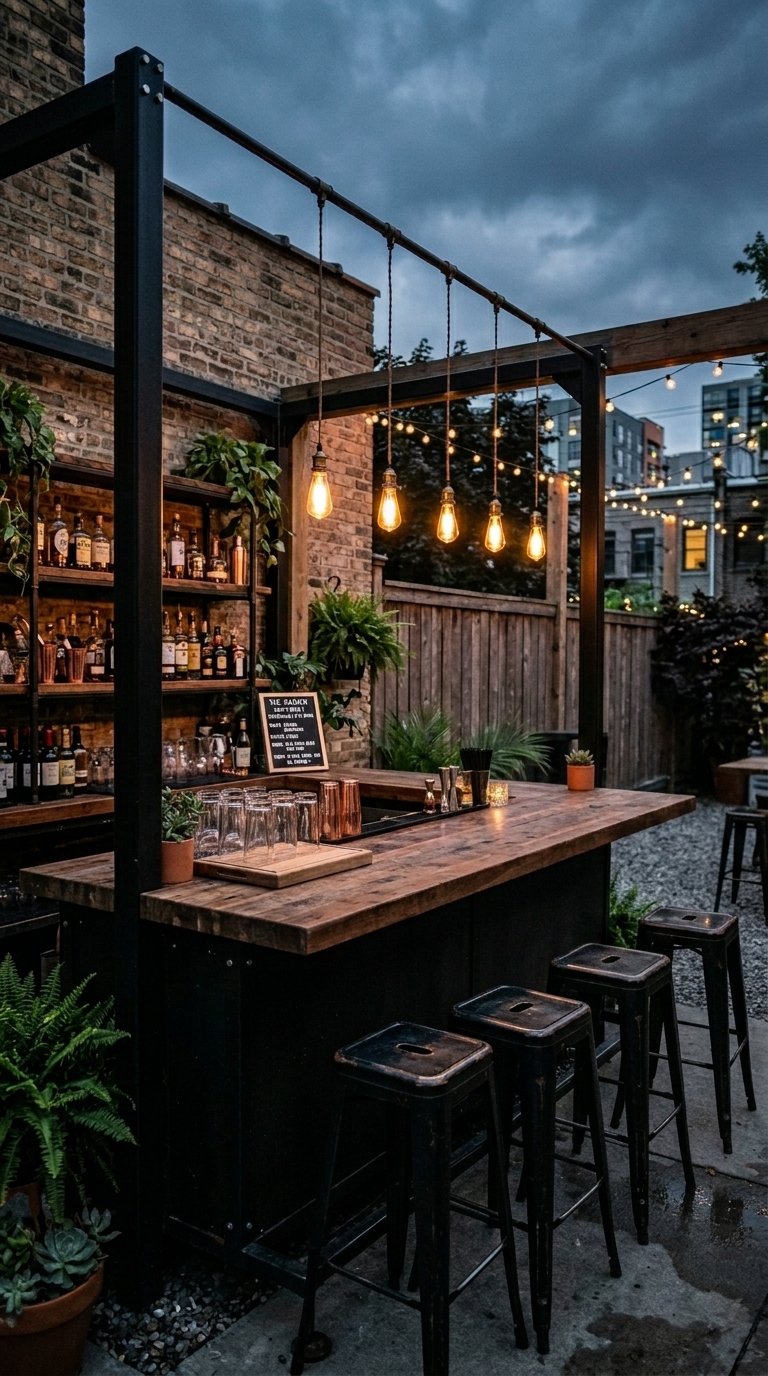 Industrial backyard bar with black steel frame, butcher block countertop, and Edison pendant lights in a moody urban outdoor entertaining space