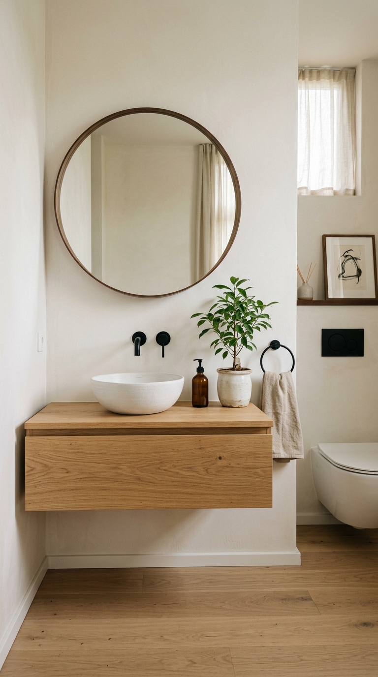 Japandi style powder room with natural wood vanity and matte black fixtures