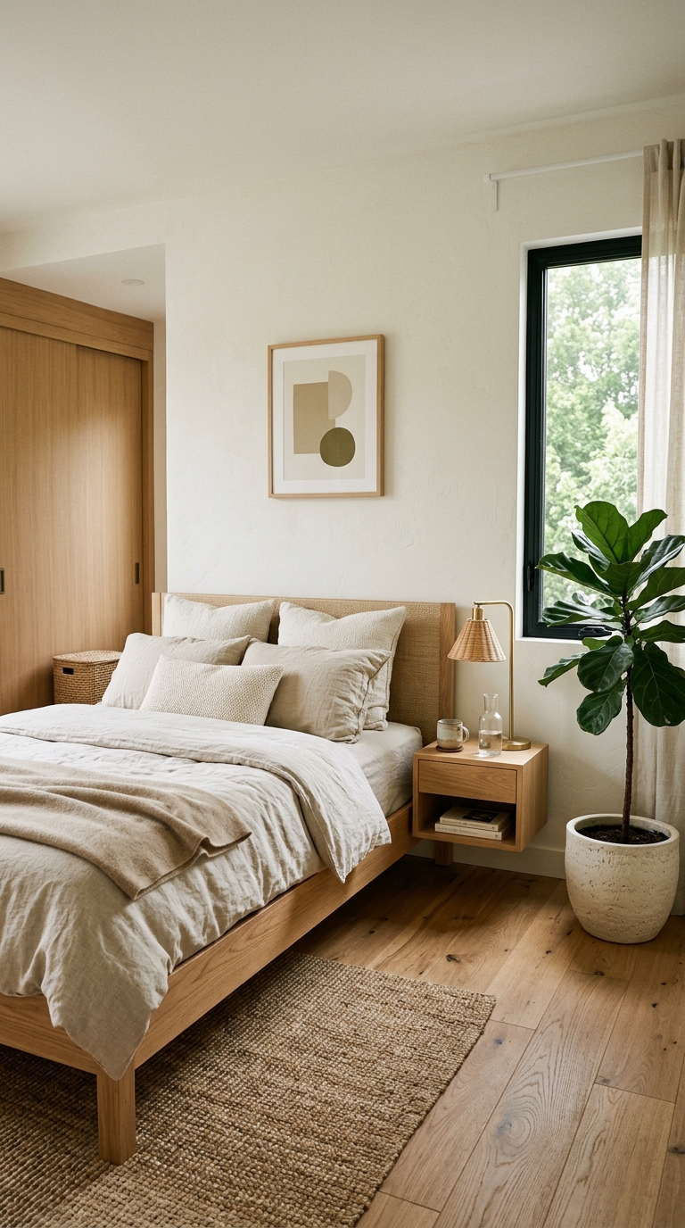 Japandi small bedroom with warm wood furniture, linen bedding, and minimal clutter for a calm cozy aesthetic