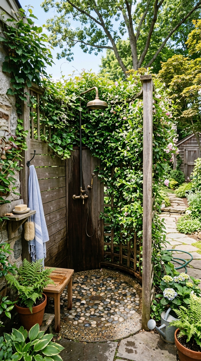 Japandi-style outdoor shower with wood slats and stone flooring