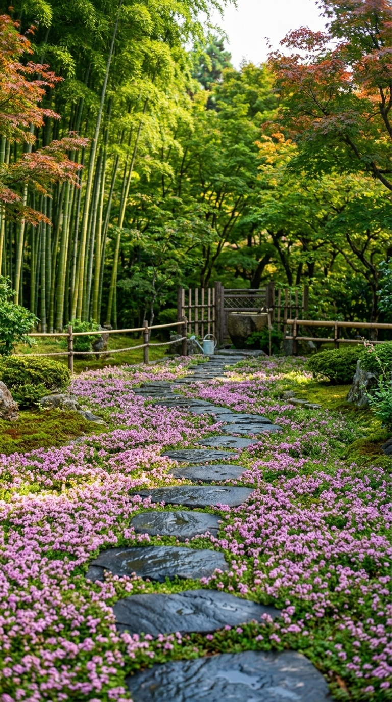 Japanese zen stepping stone path through raked gravel garden with bamboo and maple