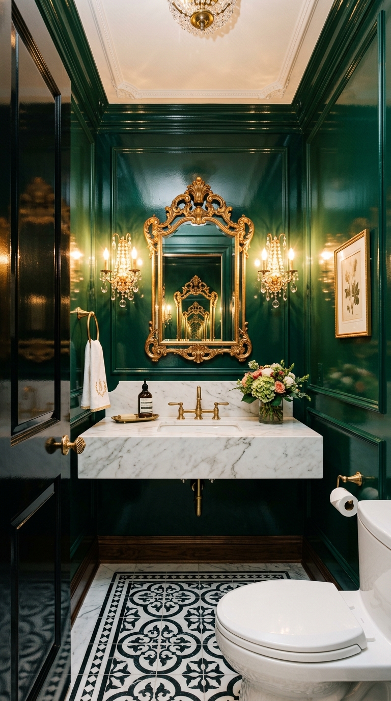 Jewel box half bathroom with deep emerald walls, gilded mirror, and crystal sconces