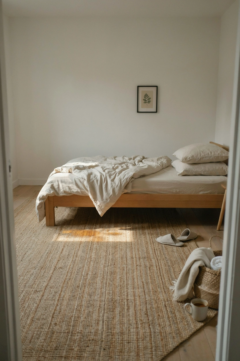 Natural jute rug in an earthy bedroom — easy way to add organic texture and warmth to any bedroom floor