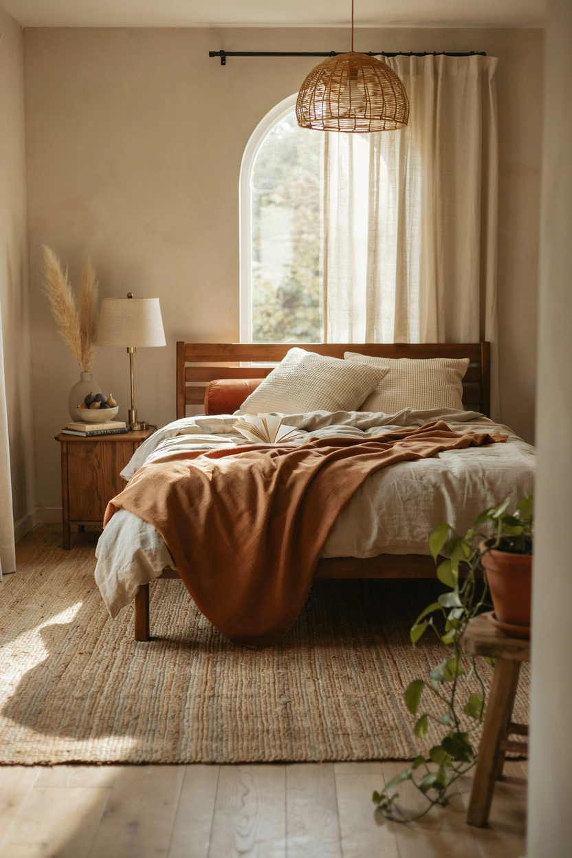 Large jute area rug under a bed in a small brown bedroom, adding natural warmth and grounding the earthy room palette
