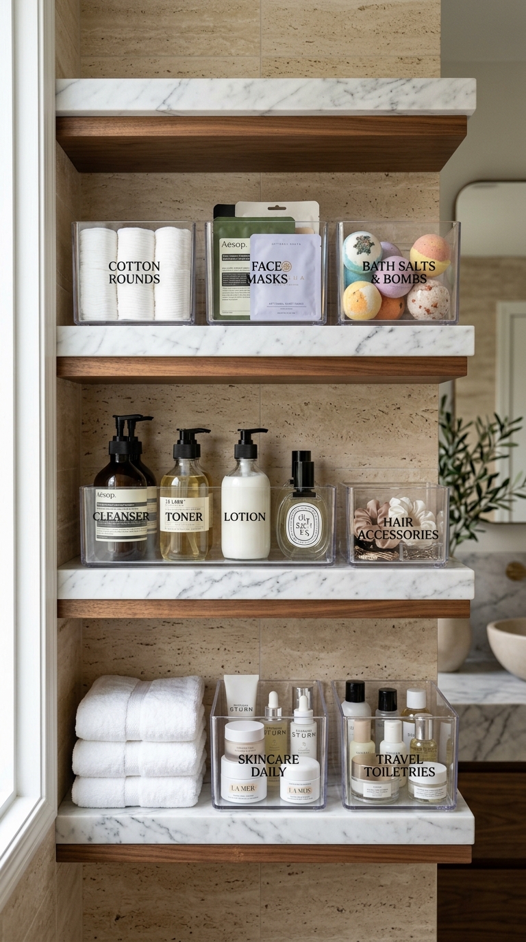 Labeled clear acrylic bins on white bathroom shelf for organized small bathroom storage system