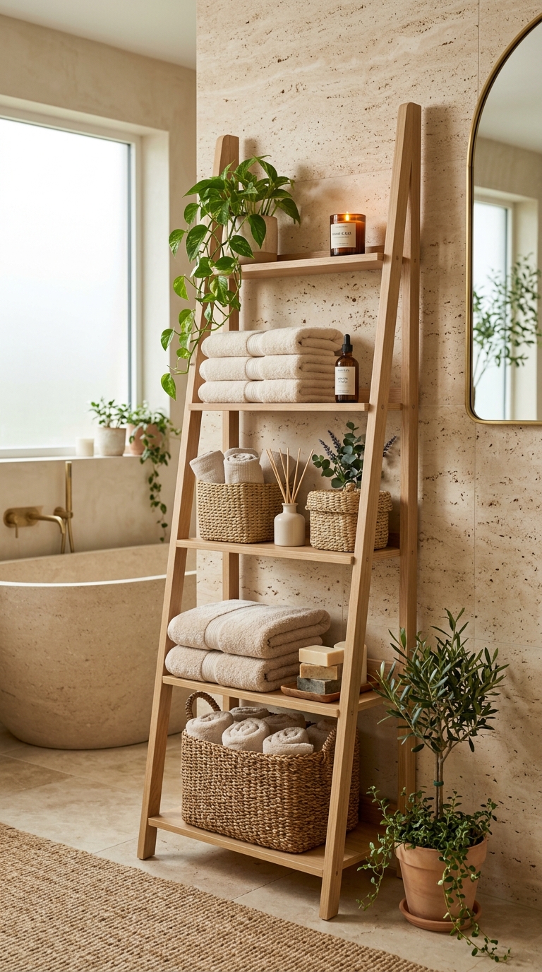 Light oak ladder shelf with folded towels and plant for Scandinavian-style small bathroom storage