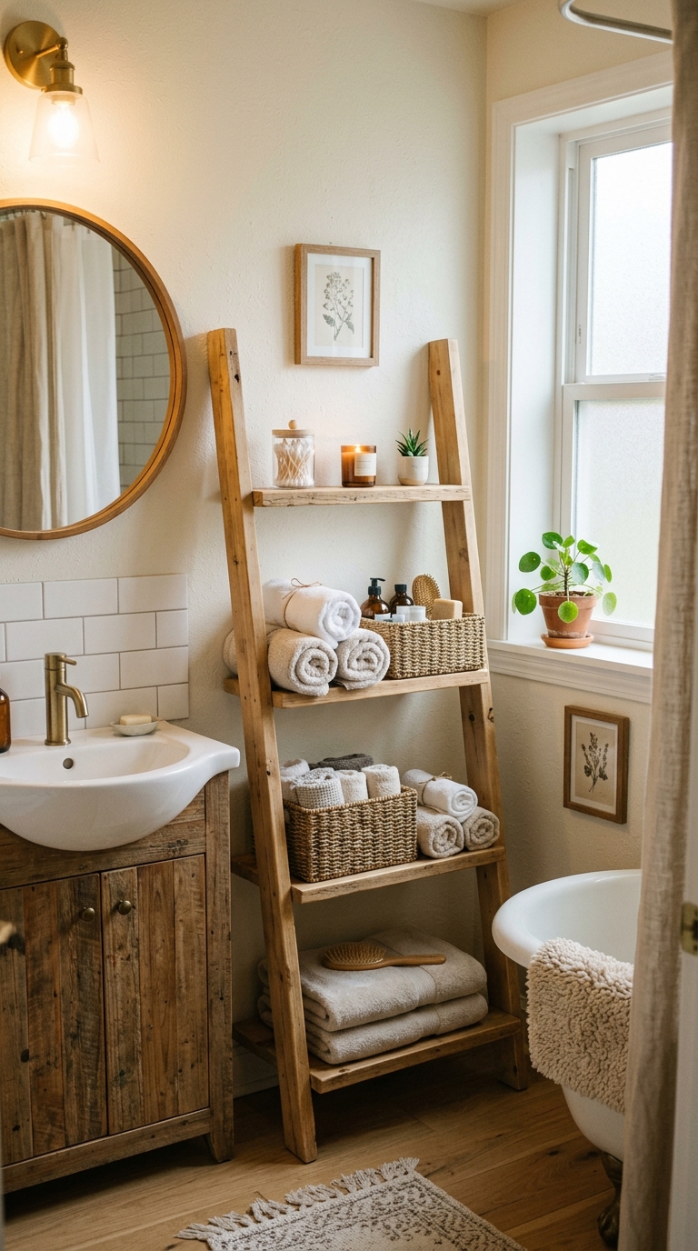 Vertical ladder shelf idea for small bathroom storage