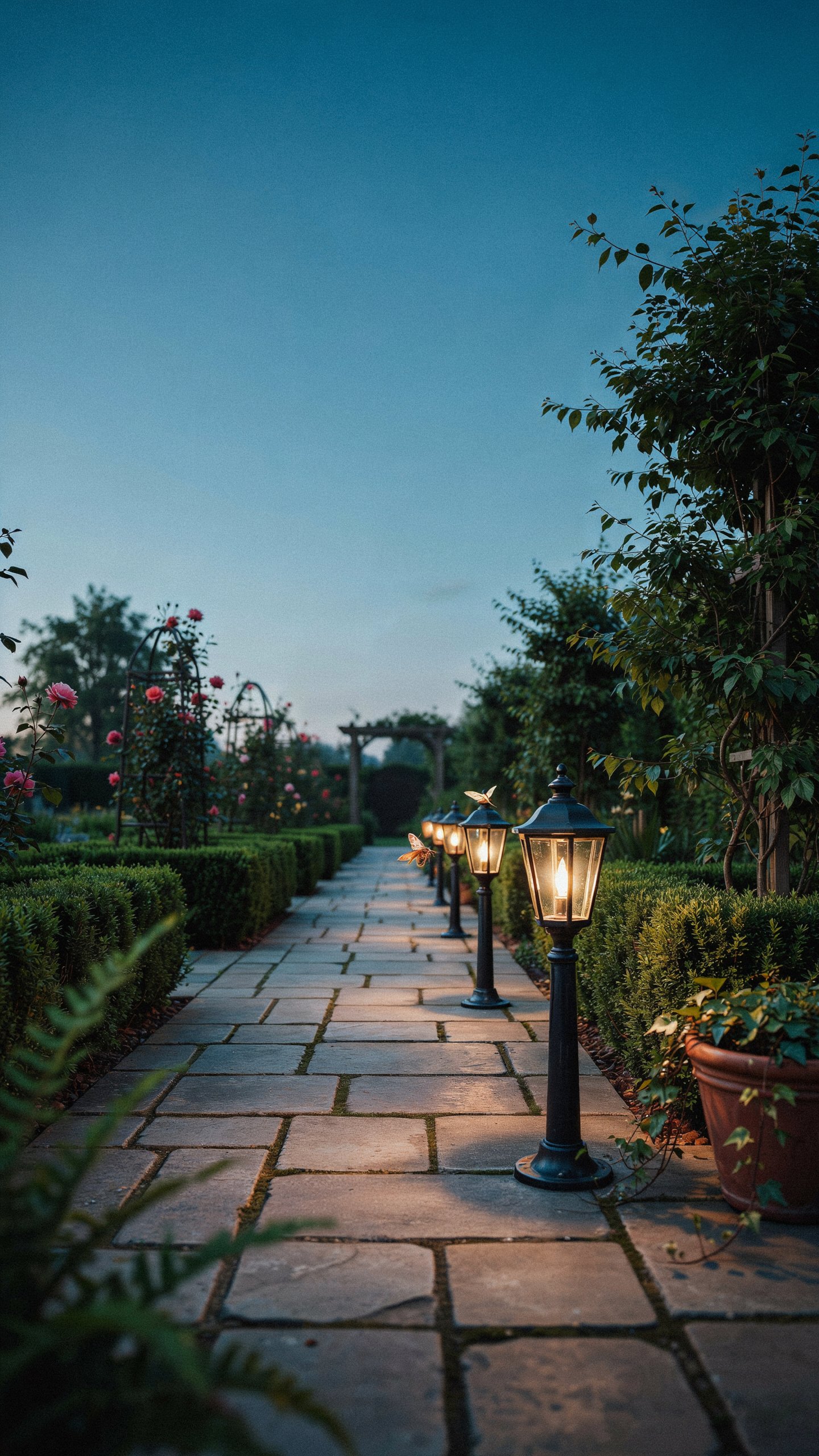 Traditional lantern-style lights along a garden pathway