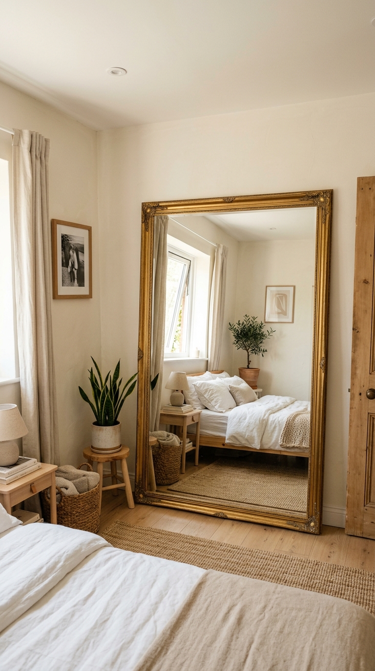 Small bedroom with large leaning gold mirror reflecting light and space, neutral decor, and visual room expansion trick