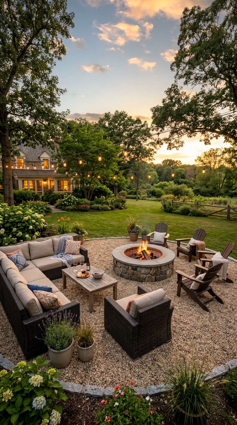 Large pea gravel patio with fire pit in the center and outdoor sofa seating in a beautiful backyard