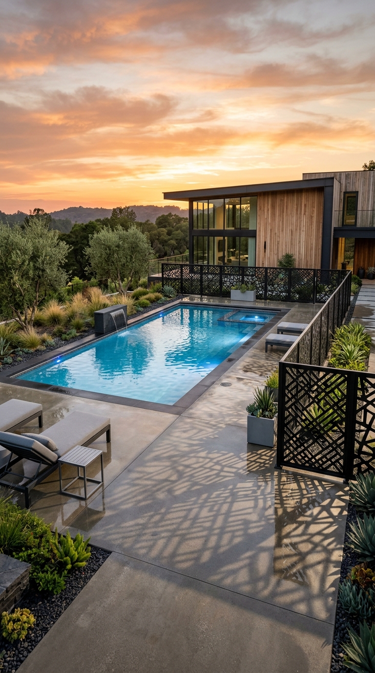 Modern laser-cut steel pool fence with geometric decorative panels