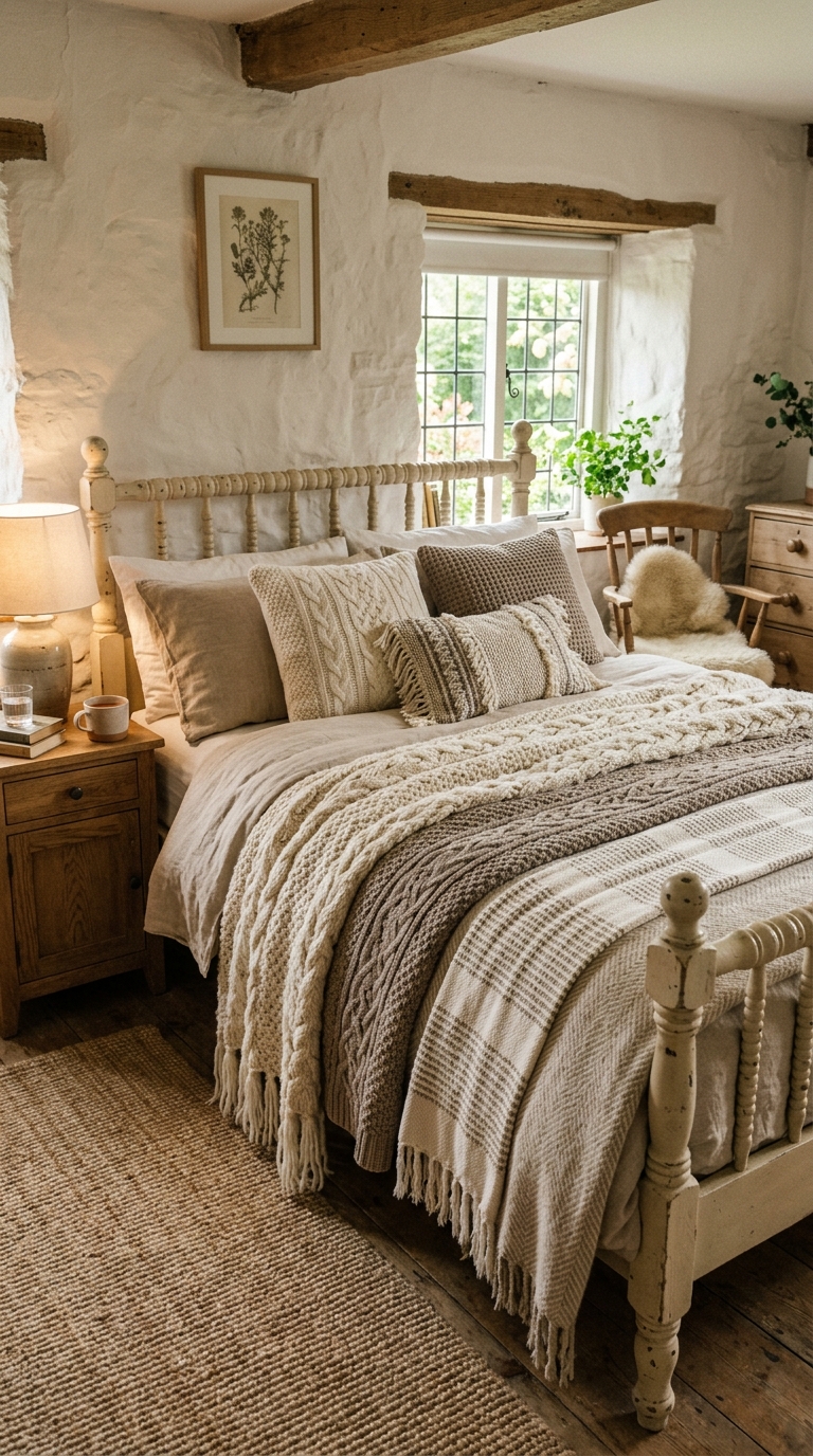 Layered cottage bedding with woven throws in neutral tones