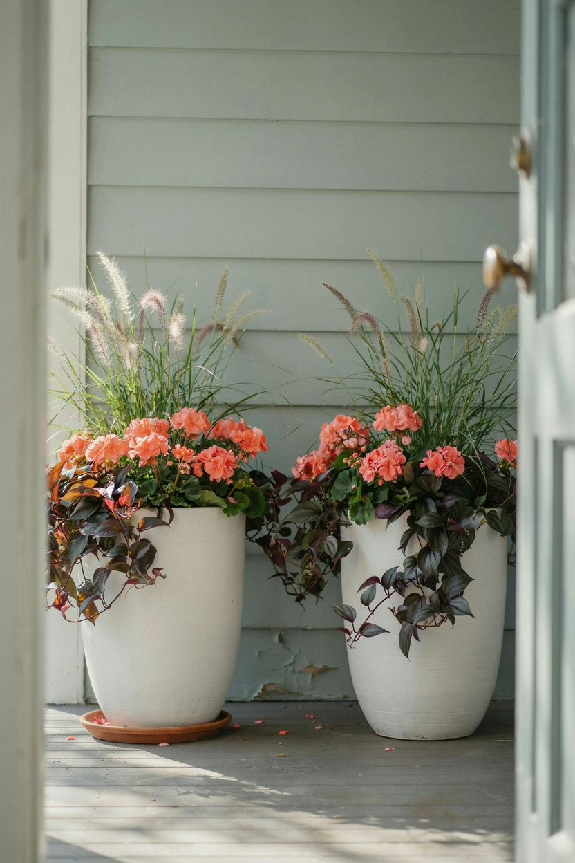 Layered porch planters with ornamental grass, pink geraniums, and trailing sweet potato vine for a lush entrance