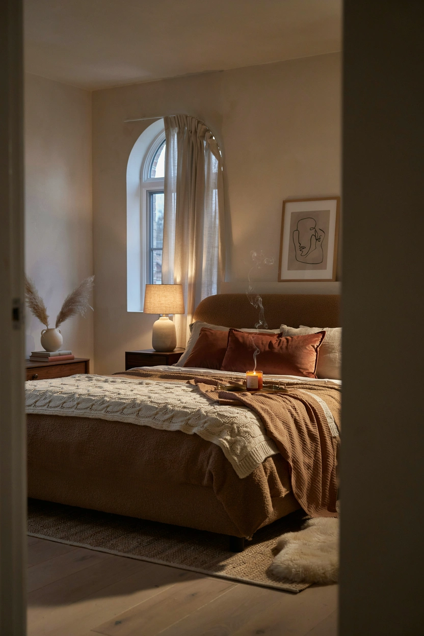Layered throws and chunky knit blankets on a brown bed — ultra-cozy bedroom styling idea with warm earthy textures