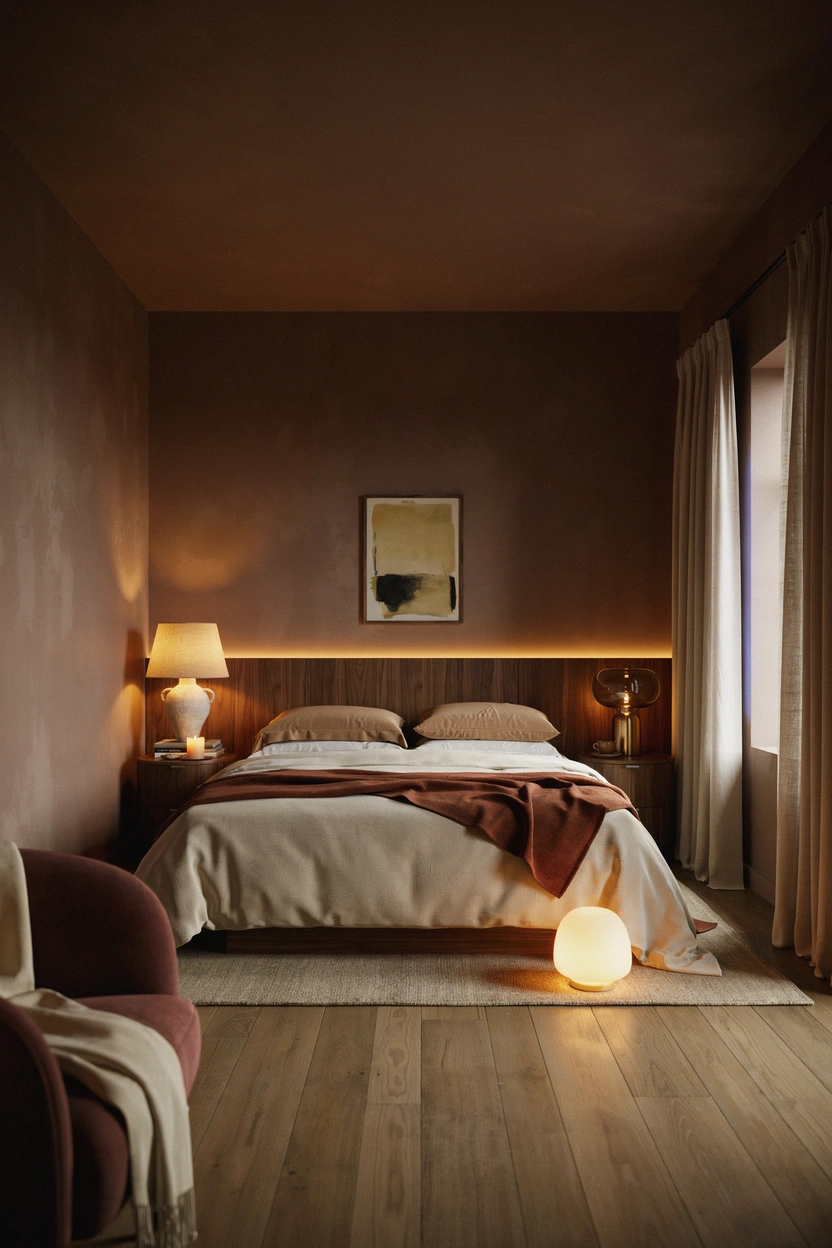 Small brown bedroom with layered warm ambient and accent lighting creating a cozy, glowing atmosphere at night