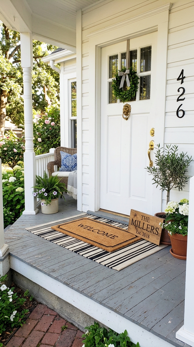 Layered welcome mats with wooden family sign and brass hardware on a vintage front porch entry