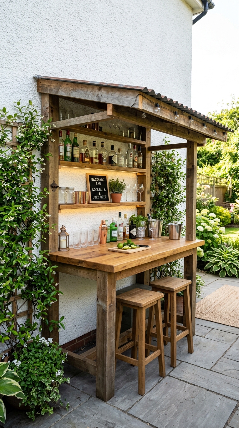 Lean-to backyard bar against a white exterior wall with corrugated roof, wall-mounted shelving, timber countertop, and climbing jasmine