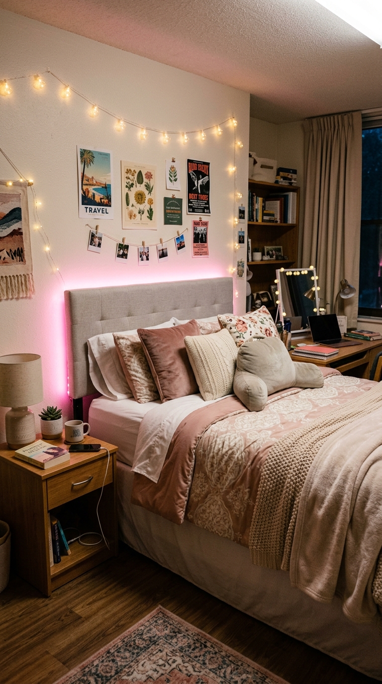 Dorm room with LED strip lights behind headboard, creating soft pink ambient glow