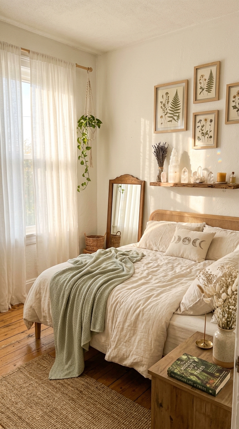 Light-witch bedroom with white sheer curtains, selenite and clear quartz crystal shelf display, cream linen bedding, pressed botanical prints, and soft morning light