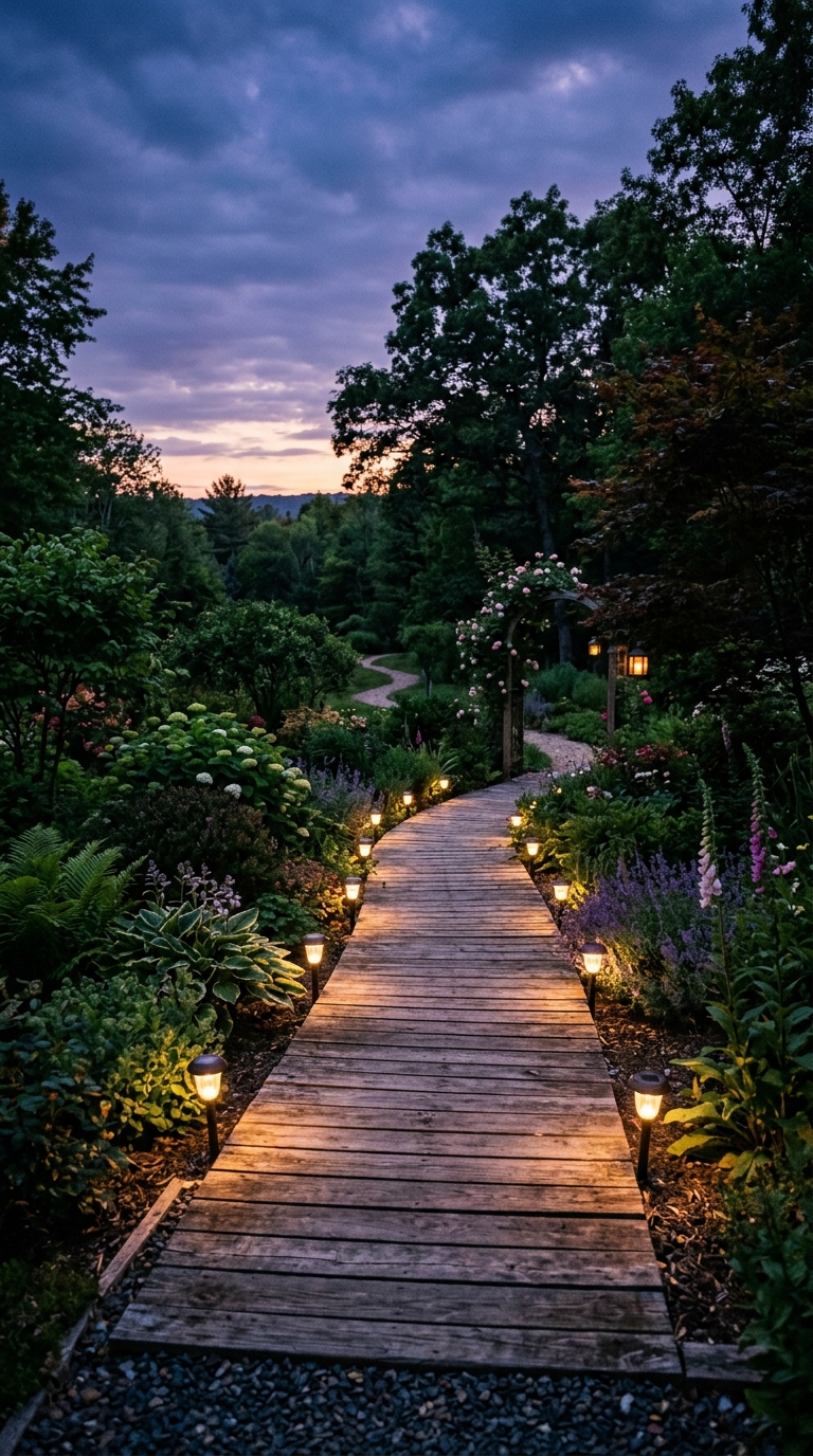 Wooden walkway with solar lights glowing at dusk