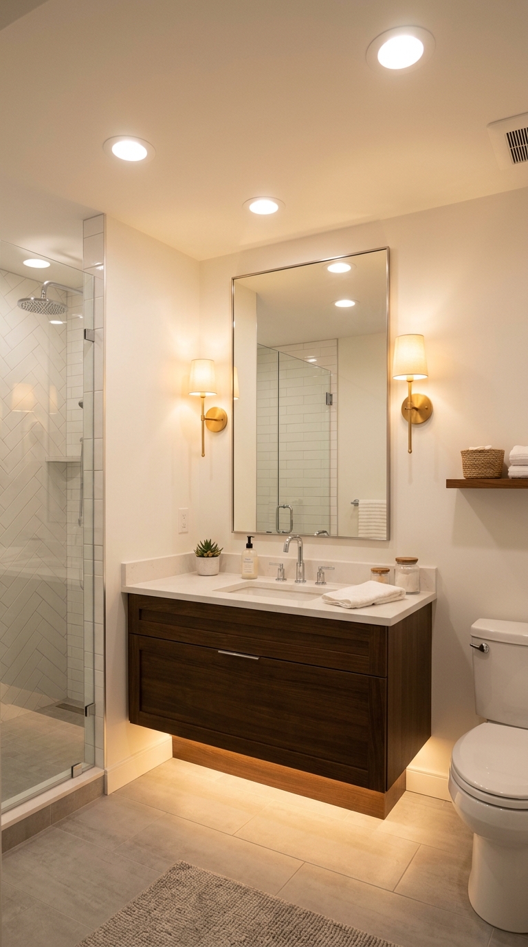 Windowless basement bathroom with layered lighting including recessed lights, vanity sconces, and a large wall mirror
