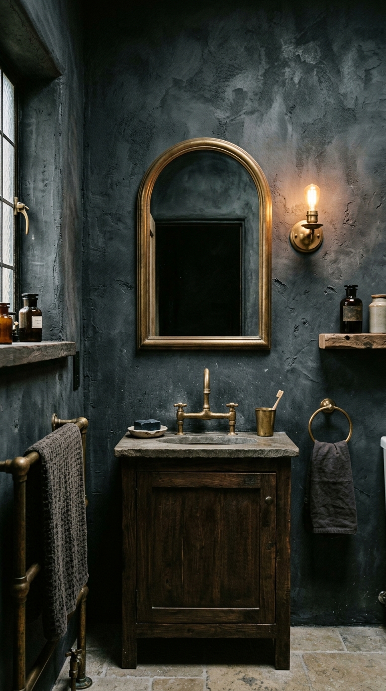 Dark limewash textured bathroom walls with brass fixtures and arched mirror