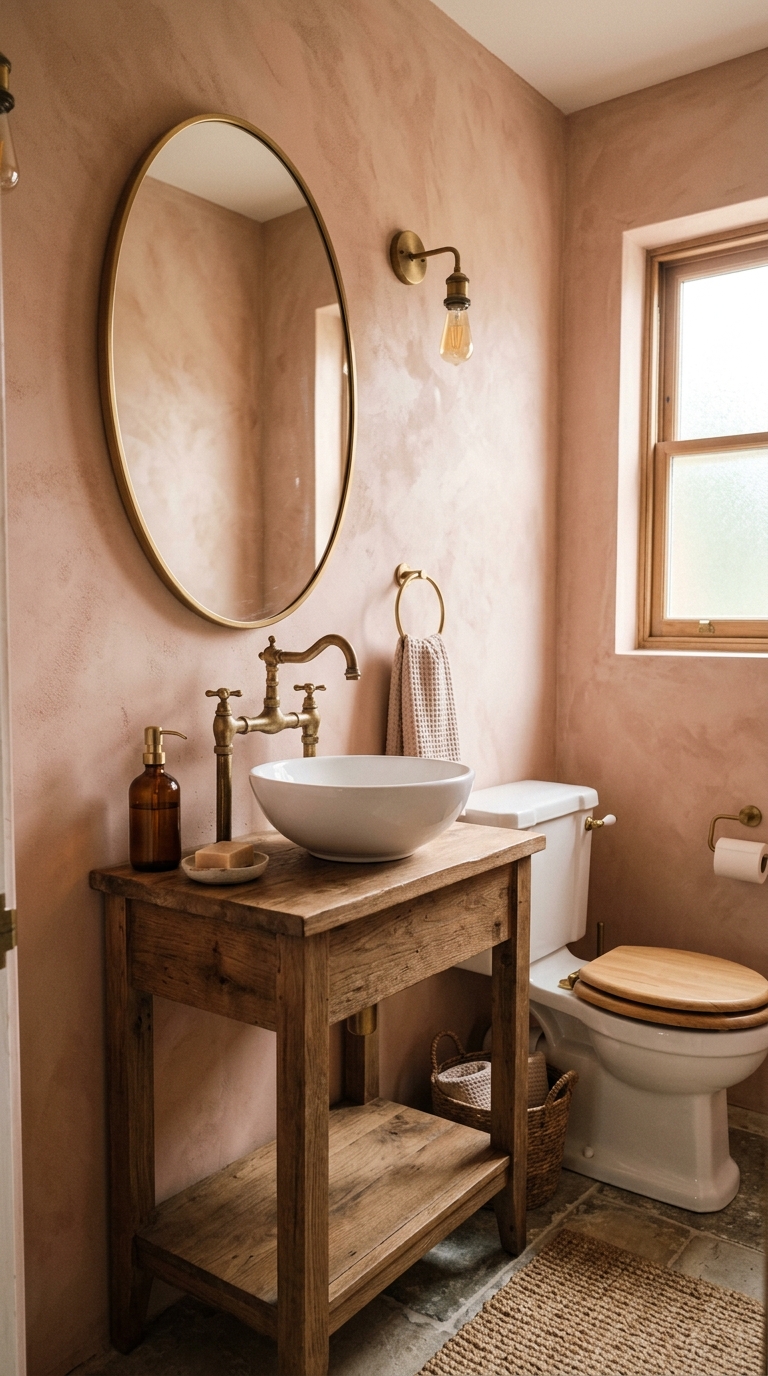Half bathroom with blush limewash plaster walls, oval mirror, and brass fixtures