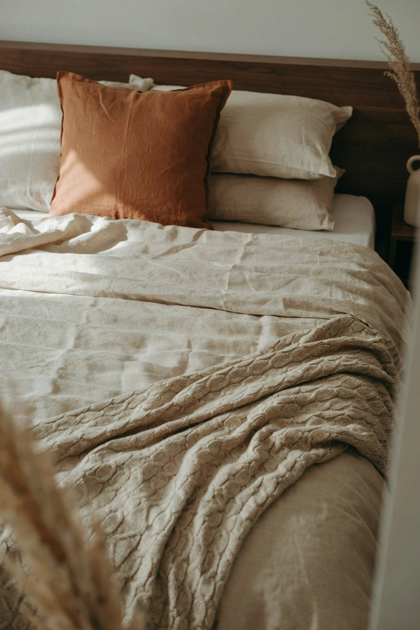 Oatmeal and cream linen bedding on an earthy bedroom bed — natural organic bedding idea for a cozy, warm space