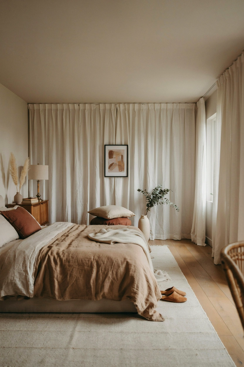 Floor-to-ceiling off-white linen curtains in a small brown bedroom, letting in soft diffused light while maintaining a warm, cozy feel