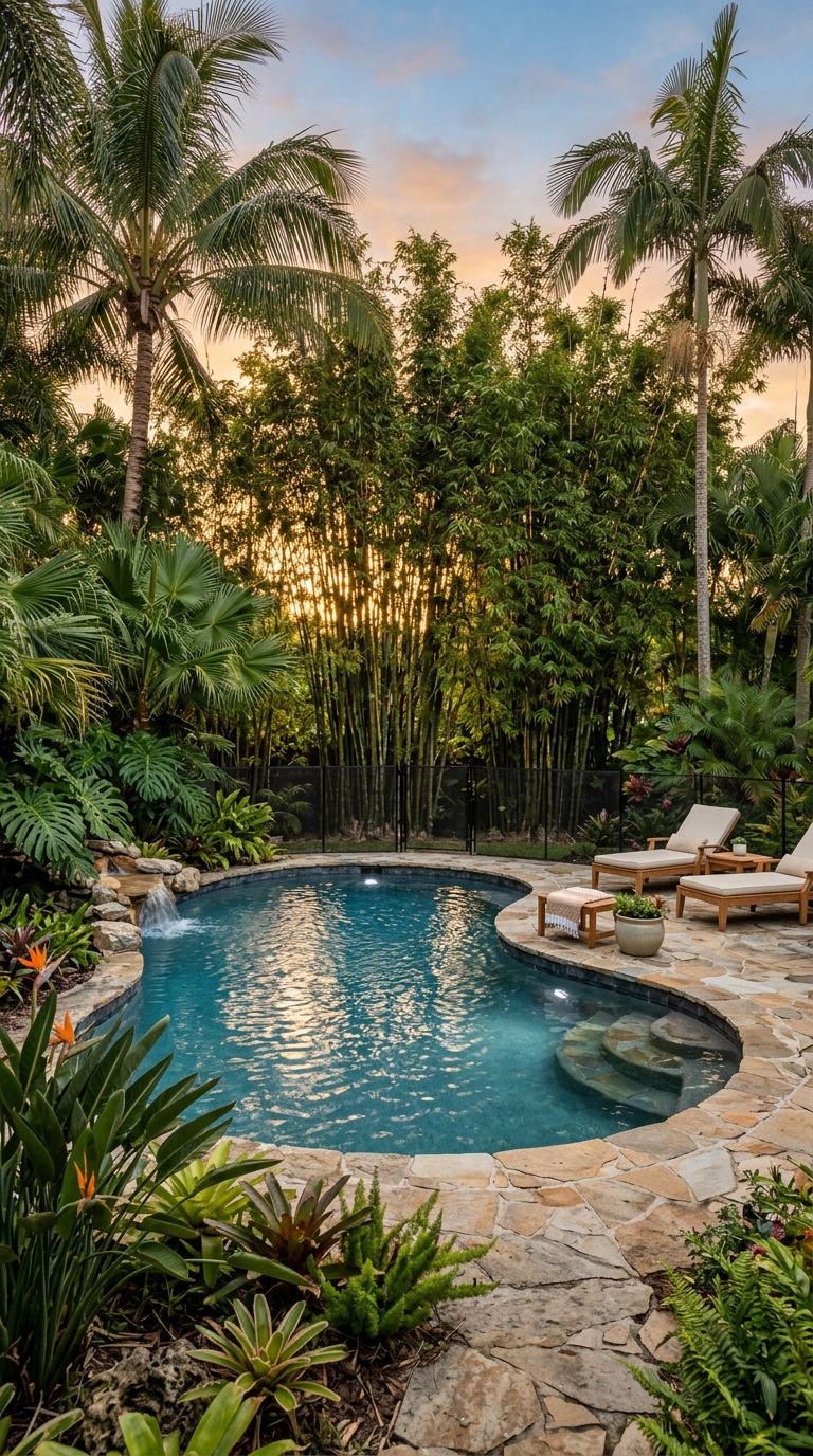 Living bamboo privacy screen surrounding a tropical backyard swimming pool.