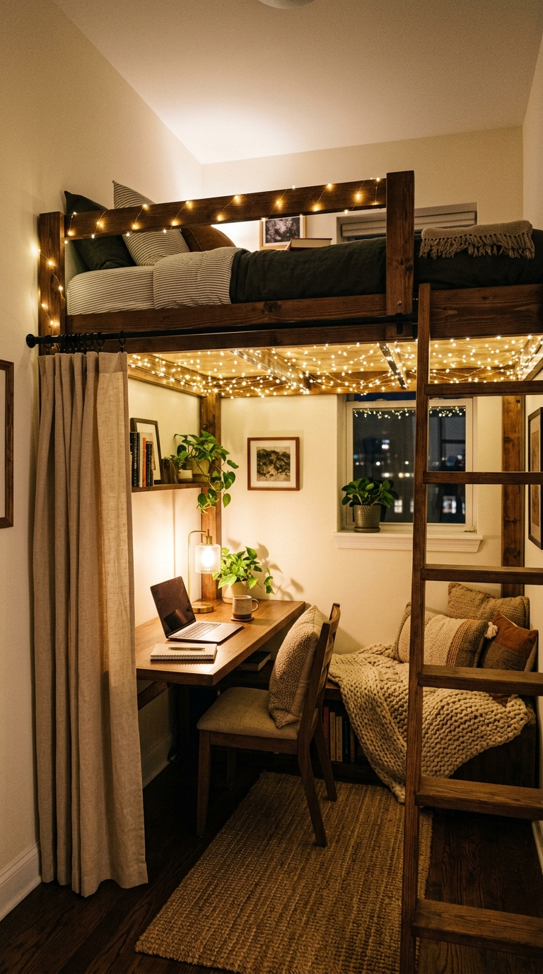 Adult loft bed in small bedroom with desk below, string lights, curtain panel, and space-saving cozy setup