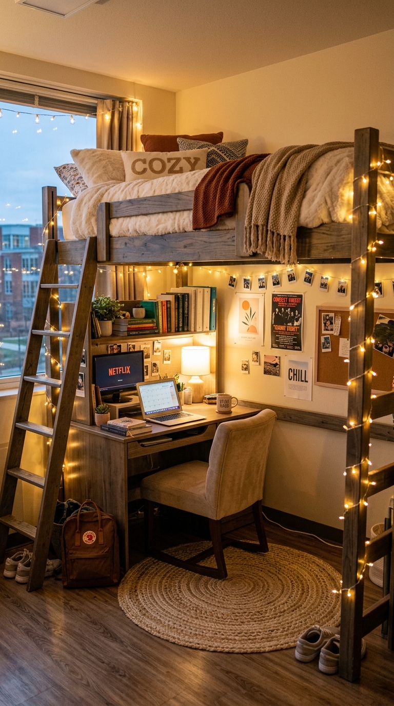 Lofted dorm bed with cozy study nook underneath in small college room