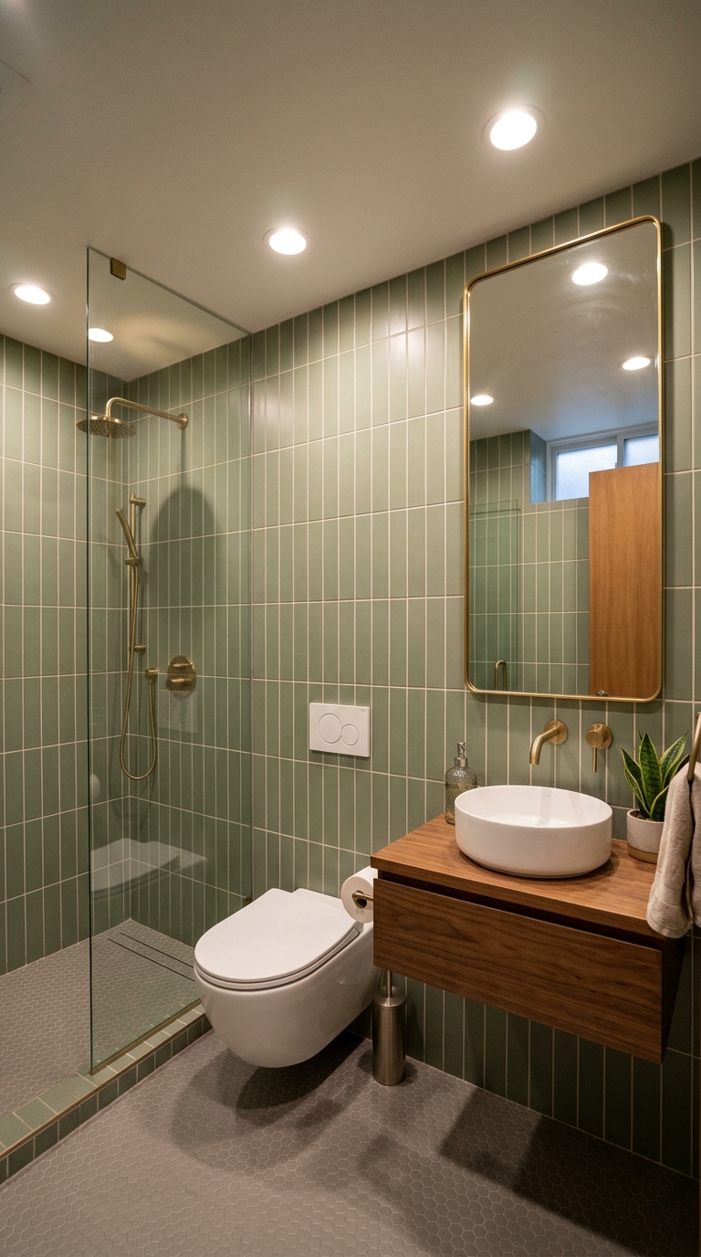 Low ceiling basement bathroom with vertical tile, recessed lights, wall-hung toilet, and tall narrow mirror