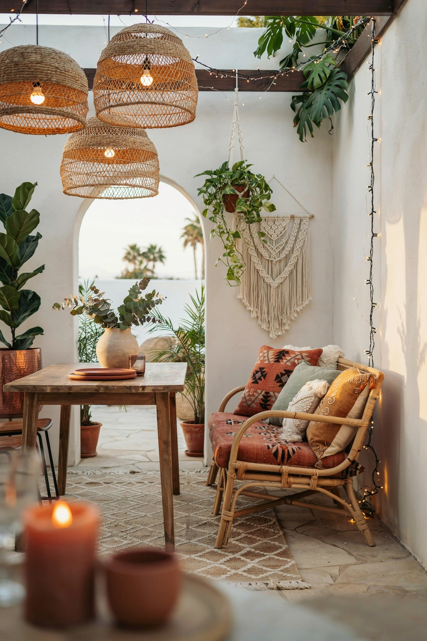 Boho patio table with macrame decor, earthy colors, and warm lighting