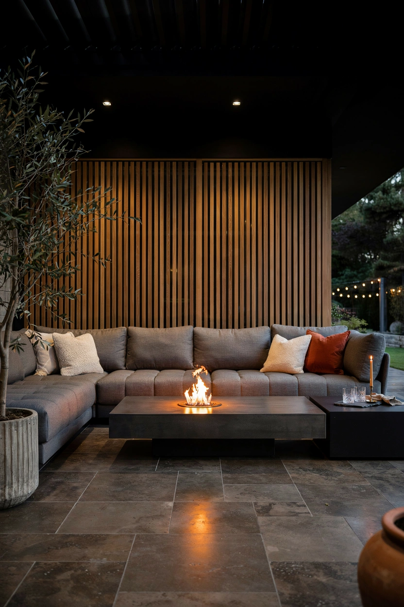 Modern outdoor fire table lounge with cozy sectional seating and warm glow
